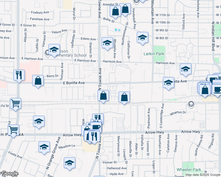 map of restaurants, bars, coffee shops, grocery stores, and more near 822 Pommelo Way in Pomona