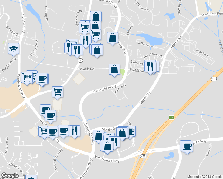 map of restaurants, bars, coffee shops, grocery stores, and more near 3164 Fawn Vista Ln in Alpharetta