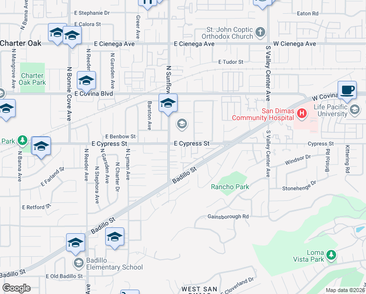 map of restaurants, bars, coffee shops, grocery stores, and more near 2215 East Badillo Street in Covina
