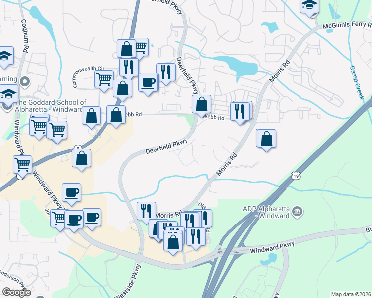 map of restaurants, bars, coffee shops, grocery stores, and more near 3201 Buck Way in Alpharetta