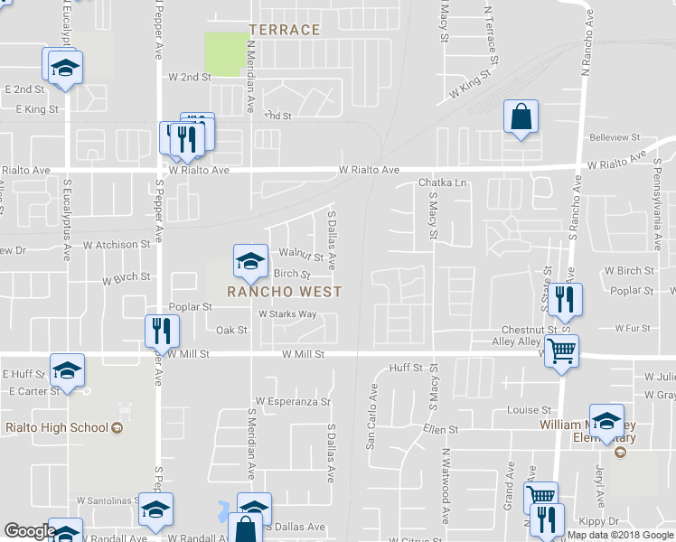 map of restaurants, bars, coffee shops, grocery stores, and more near 315 South Dallas Avenue in San Bernardino