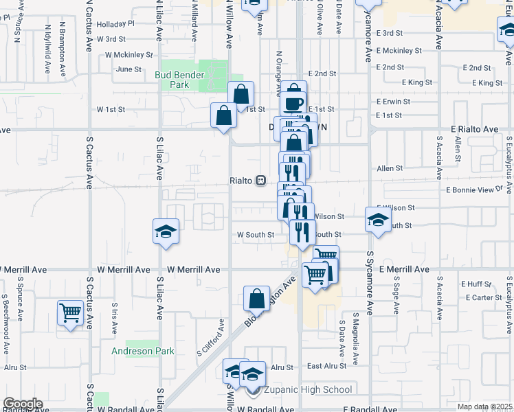 map of restaurants, bars, coffee shops, grocery stores, and more near in Rialto