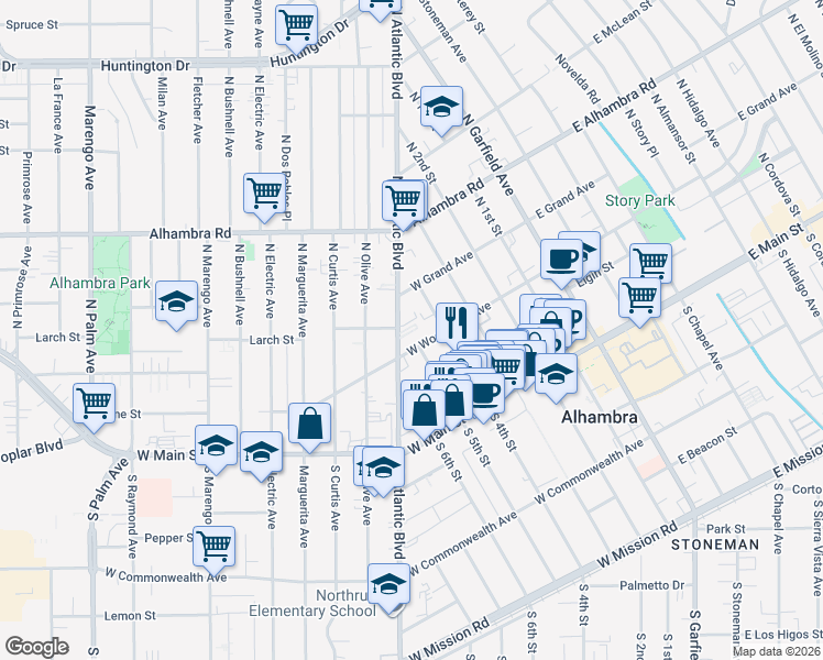 map of restaurants, bars, coffee shops, grocery stores, and more near 322 North Atlantic Boulevard in Alhambra
