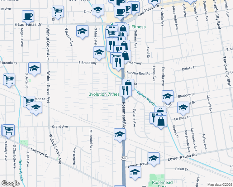 map of restaurants, bars, coffee shops, grocery stores, and more near 5239 Rosemead Boulevard in San Gabriel
