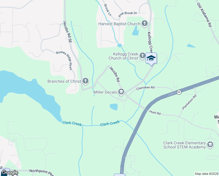 map of restaurants, bars, coffee shops, grocery stores, and more near 3665 James Road in Acworth