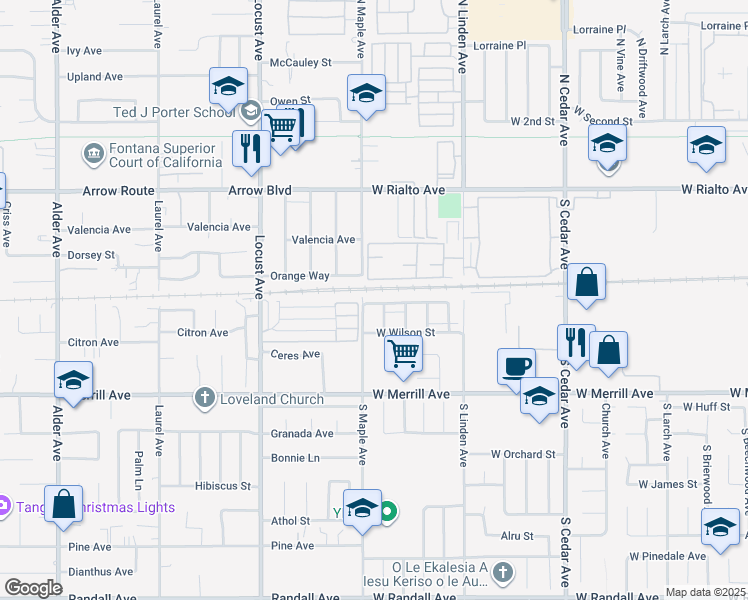 map of restaurants, bars, coffee shops, grocery stores, and more near 1678 West Bonnie View Drive in Rialto