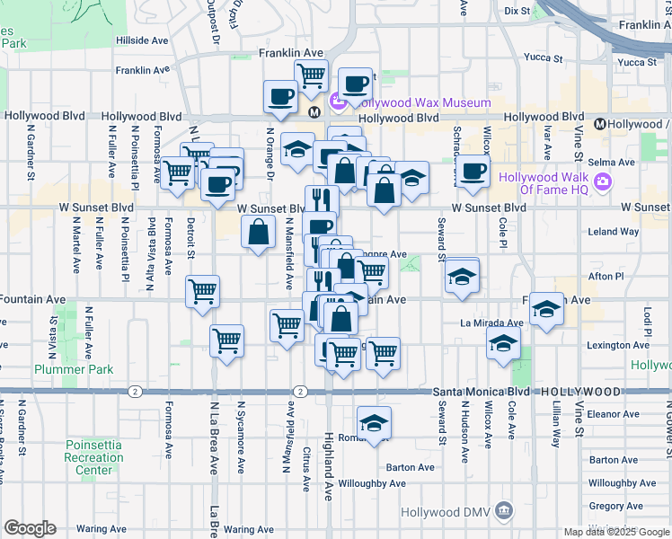 map of restaurants, bars, coffee shops, grocery stores, and more near 1342 North Highland Avenue in Los Angeles