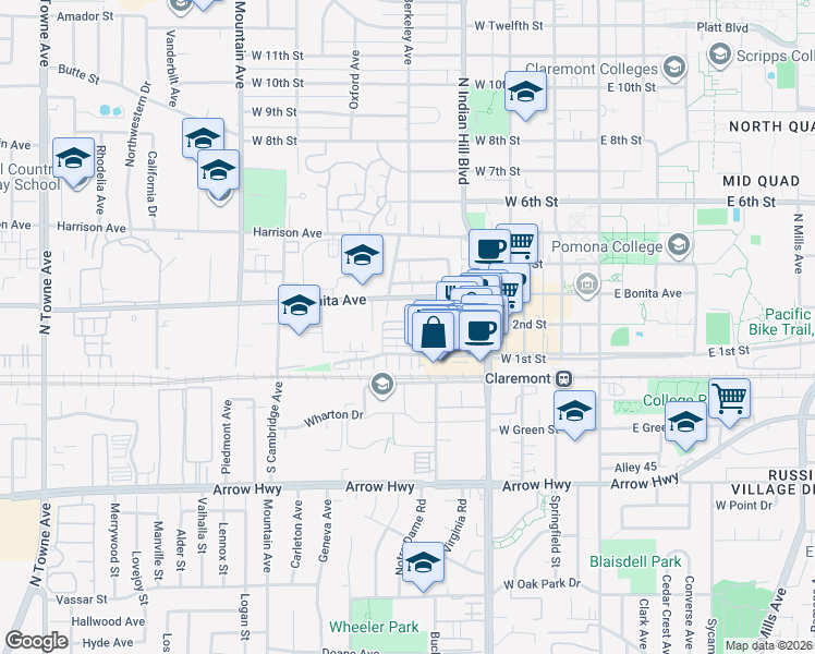map of restaurants, bars, coffee shops, grocery stores, and more near 616 McKenna Street in Claremont