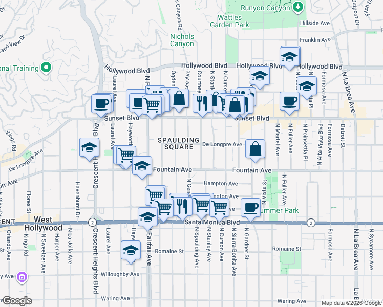 map of restaurants, bars, coffee shops, grocery stores, and more near in Los Angeles
