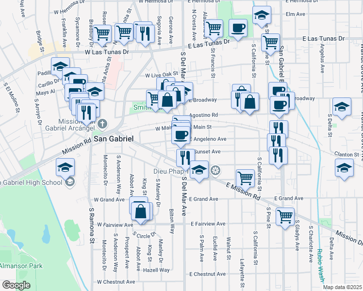 map of restaurants, bars, coffee shops, grocery stores, and more near 511 South Del Mar Avenue in San Gabriel
