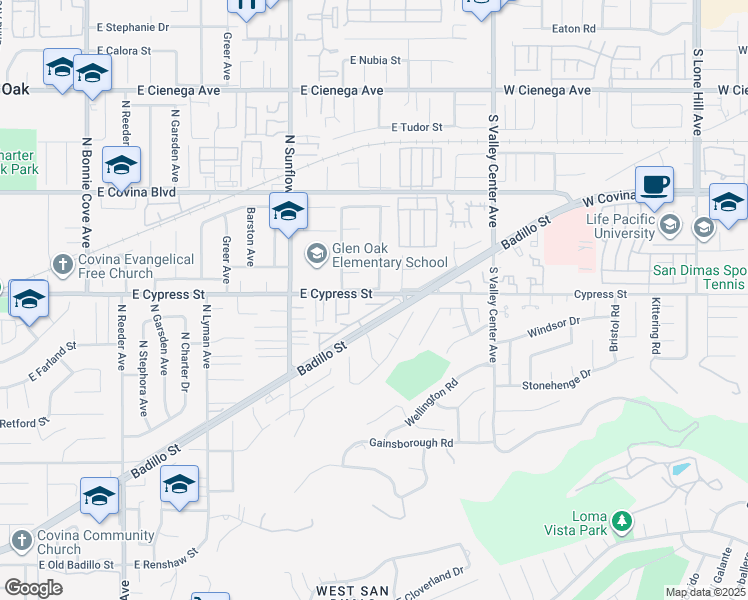 map of restaurants, bars, coffee shops, grocery stores, and more near 2261 East Badillo Street in Covina