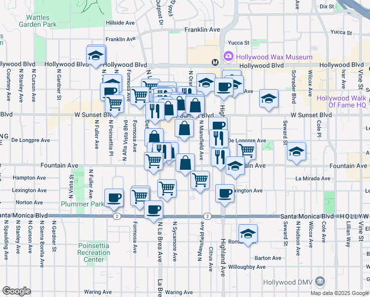 map of restaurants, bars, coffee shops, grocery stores, and more near 1345 North Orange Drive in Los Angeles