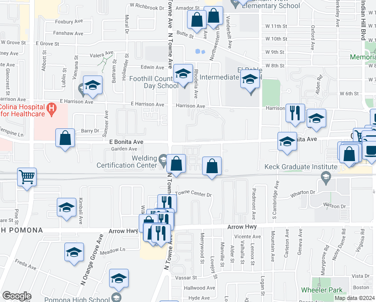 map of restaurants, bars, coffee shops, grocery stores, and more near 2772 Crimson Way in Pomona