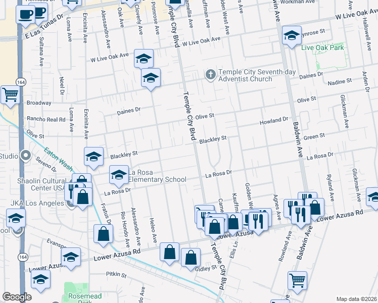 map of restaurants, bars, coffee shops, grocery stores, and more near 9578 Pentland Street in Temple City