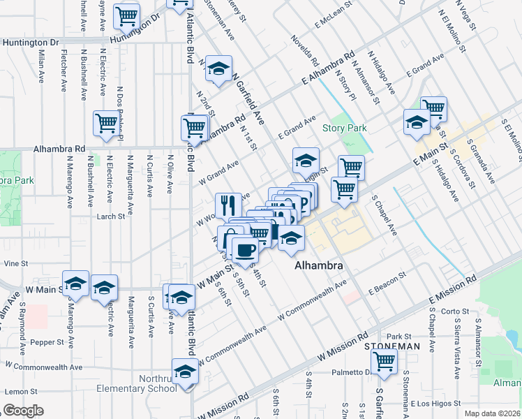 map of restaurants, bars, coffee shops, grocery stores, and more near 111 North 2nd Street in Alhambra
