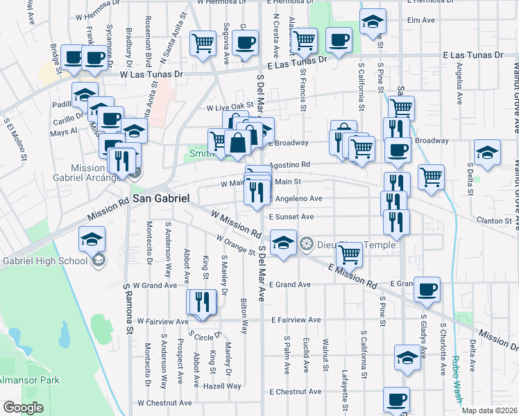 map of restaurants, bars, coffee shops, grocery stores, and more near 511 South Del Mar Avenue in San Gabriel