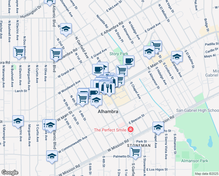 map of restaurants, bars, coffee shops, grocery stores, and more near in Alhambra