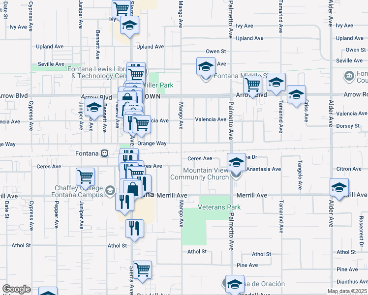 map of restaurants, bars, coffee shops, grocery stores, and more near 17142 Ceres Avenue in Fontana