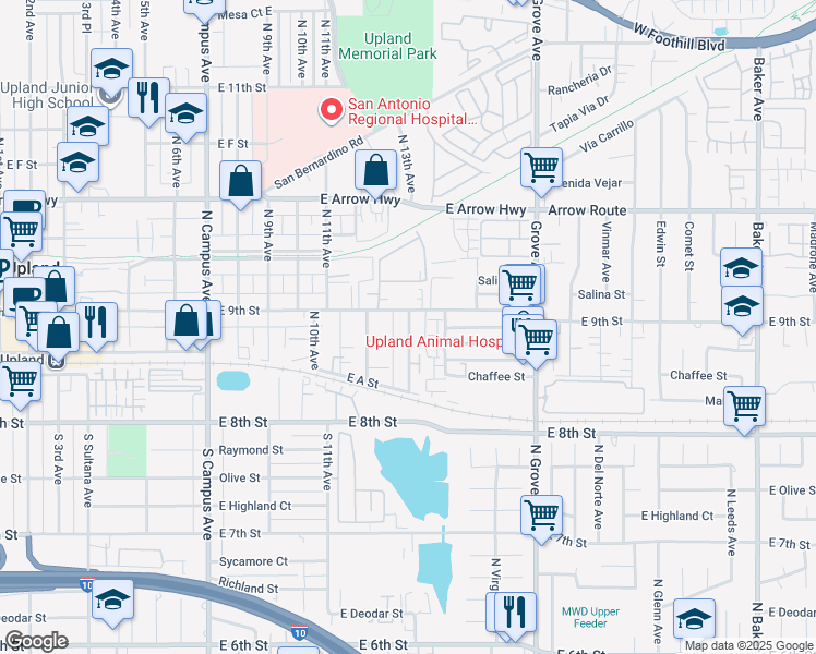map of restaurants, bars, coffee shops, grocery stores, and more near 160 North 13th Avenue in Upland