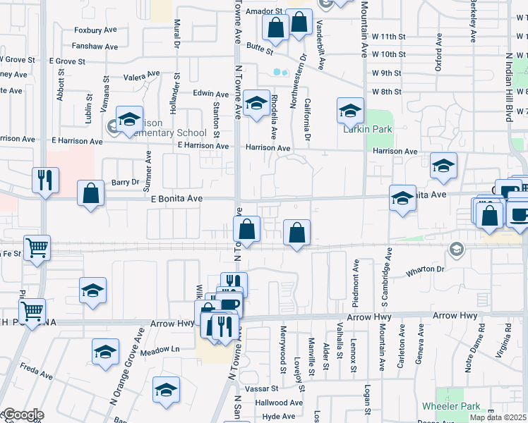 map of restaurants, bars, coffee shops, grocery stores, and more near 822 Pommelo Way in Pomona