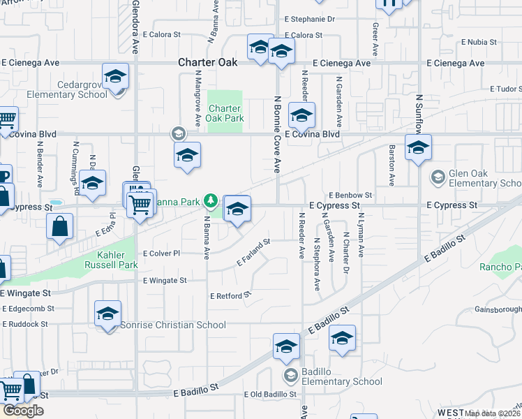 map of restaurants, bars, coffee shops, grocery stores, and more near 834 North Darfield Avenue in Covina