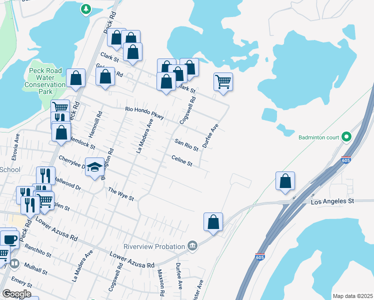 map of restaurants, bars, coffee shops, grocery stores, and more near 5325 Durfee Avenue in El Monte