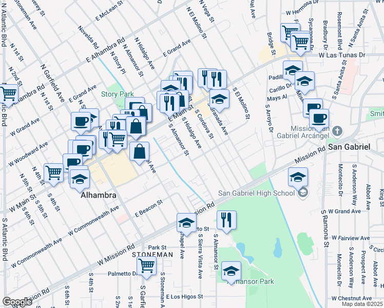 map of restaurants, bars, coffee shops, grocery stores, and more near 305 South Almansor Street in Alhambra
