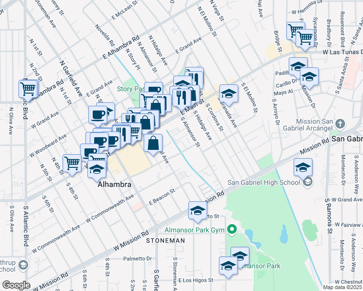 map of restaurants, bars, coffee shops, grocery stores, and more near 401 East Bay State Street in Alhambra