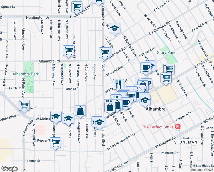 map of restaurants, bars, coffee shops, grocery stores, and more near 322 North Atlantic Boulevard in Alhambra
