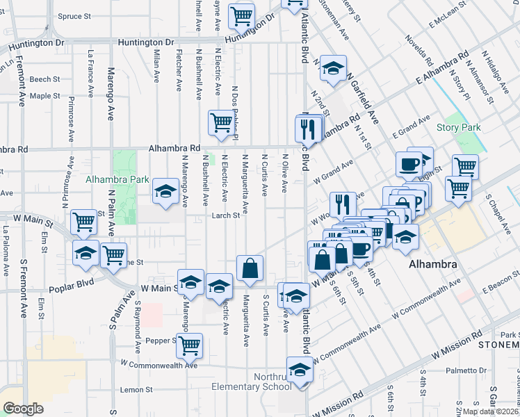 map of restaurants, bars, coffee shops, grocery stores, and more near 224a North Curtis Avenue in Alhambra