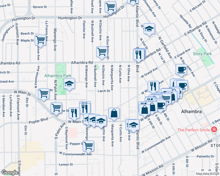 map of restaurants, bars, coffee shops, grocery stores, and more near 229a North Marguerita Avenue in Alhambra
