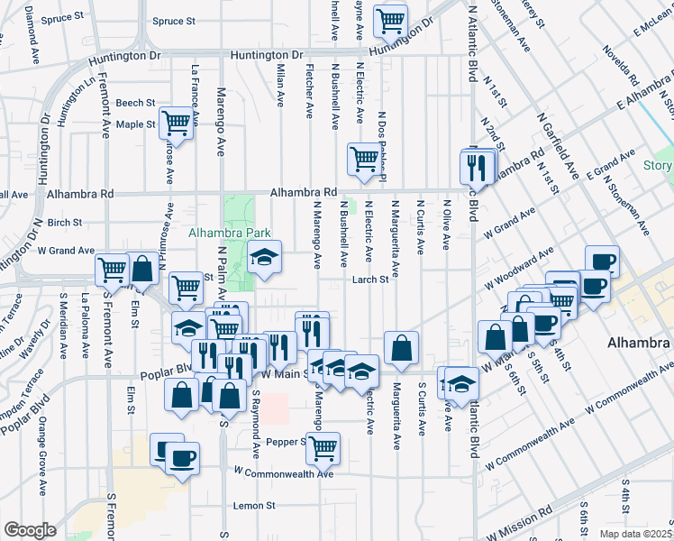 map of restaurants, bars, coffee shops, grocery stores, and more near 1620 Larch Street in Alhambra