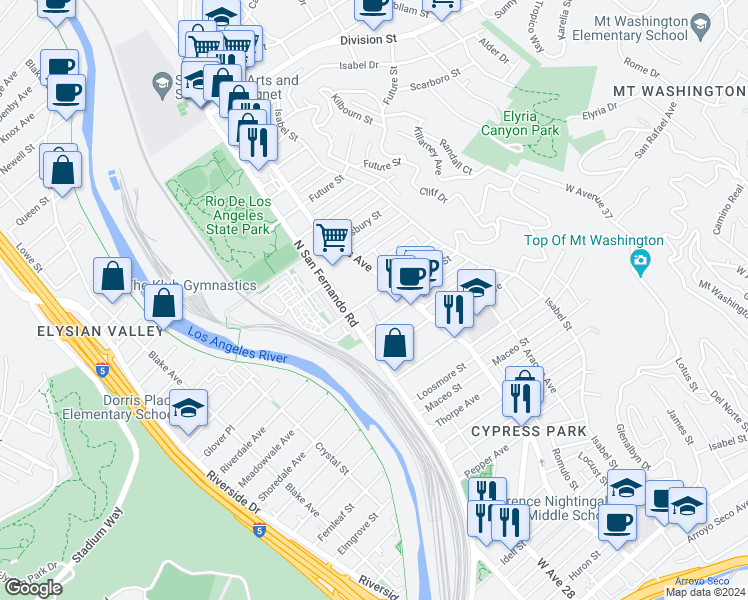 map of restaurants, bars, coffee shops, grocery stores, and more near 2625 Granada Street in Los Angeles