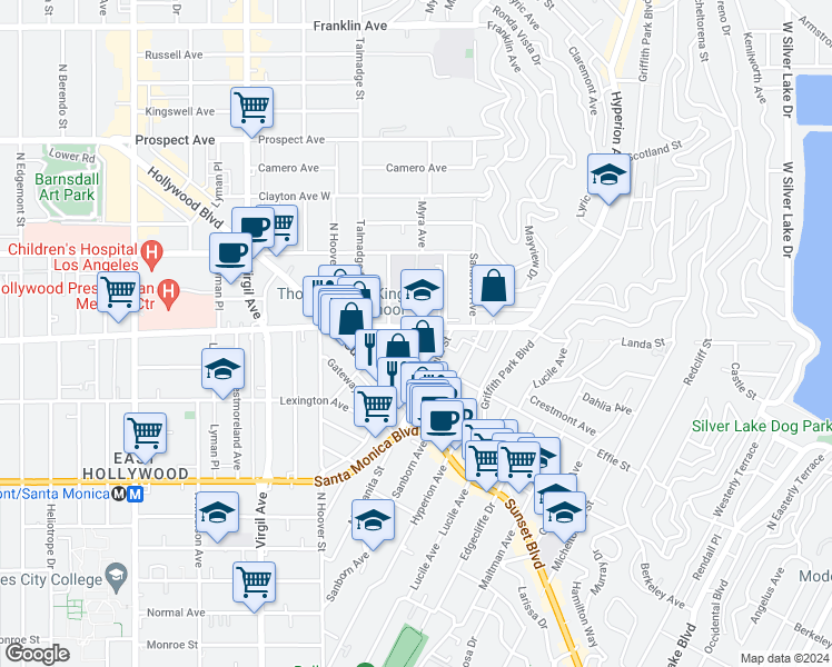 map of restaurants, bars, coffee shops, grocery stores, and more near 1200 Myra Avenue in Los Angeles