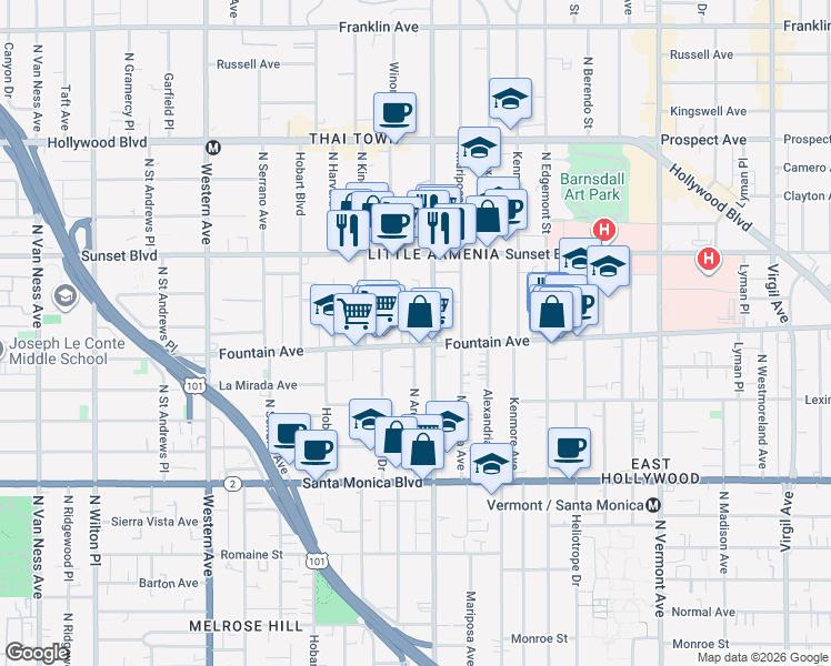 map of restaurants, bars, coffee shops, grocery stores, and more near in Los Angeles