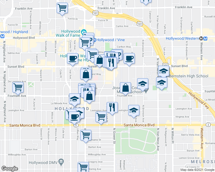 map of restaurants, bars, coffee shops, grocery stores, and more near in Los Angeles