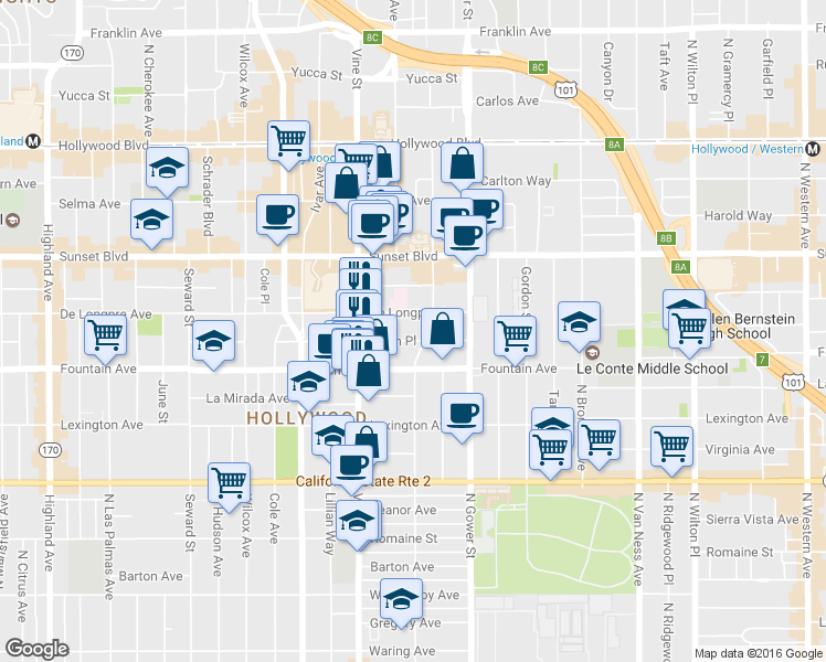 map of restaurants, bars, coffee shops, grocery stores, and more near 6202 Afton Place in Los Angeles