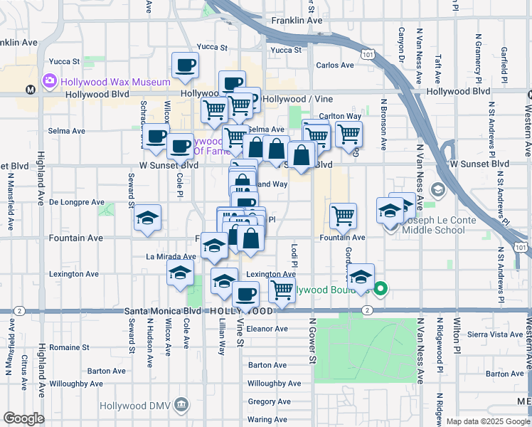 map of restaurants, bars, coffee shops, grocery stores, and more near 6202 Afton Place in Los Angeles