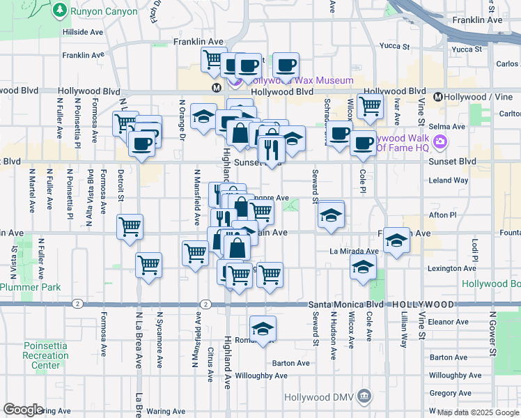 map of restaurants, bars, coffee shops, grocery stores, and more near in Los Angeles