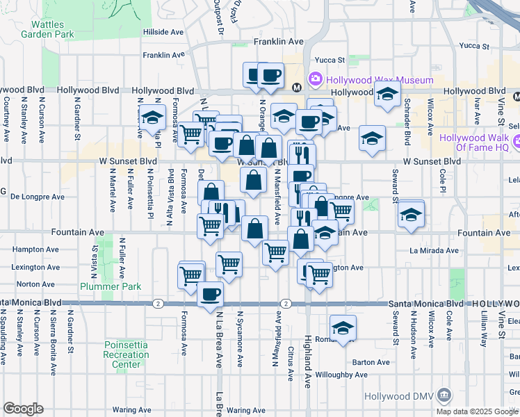 map of restaurants, bars, coffee shops, grocery stores, and more near 1317 North Mansfield Avenue in Los Angeles