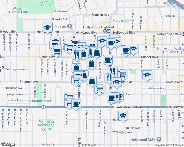 map of restaurants, bars, coffee shops, grocery stores, and more near 1320 North Sycamore Avenue in Los Angeles