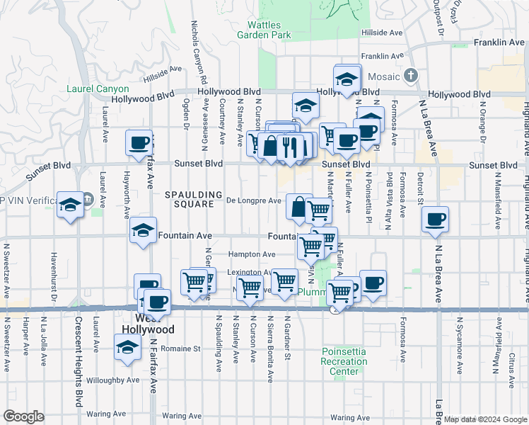 map of restaurants, bars, coffee shops, grocery stores, and more near 1312 North Curson Avenue in Los Angeles