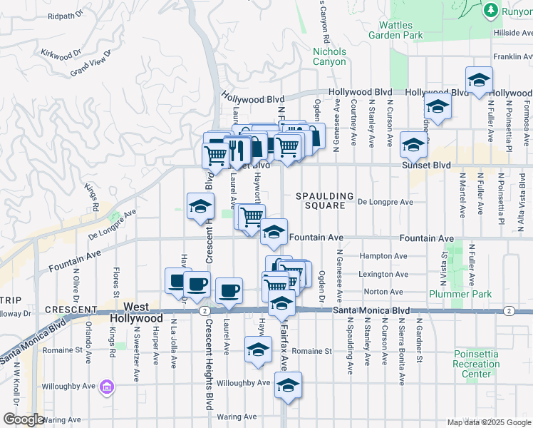 map of restaurants, bars, coffee shops, grocery stores, and more near 1319 North Fairfax Avenue in West Hollywood