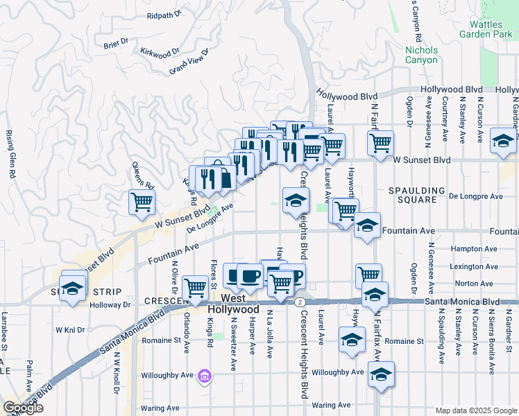 map of restaurants, bars, coffee shops, grocery stores, and more near in West Hollywood