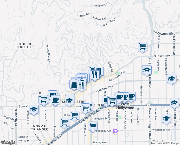 map of restaurants, bars, coffee shops, grocery stores, and more near 1356 Miller Place in Los Angeles
