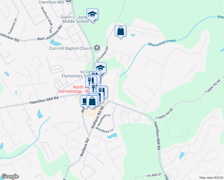 map of restaurants, bars, coffee shops, grocery stores, and more near 3331 Hamilton Mill Road in Buford