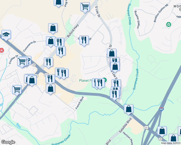 map of restaurants, bars, coffee shops, grocery stores, and more near 4105 Sturgeon Circle in Buford
