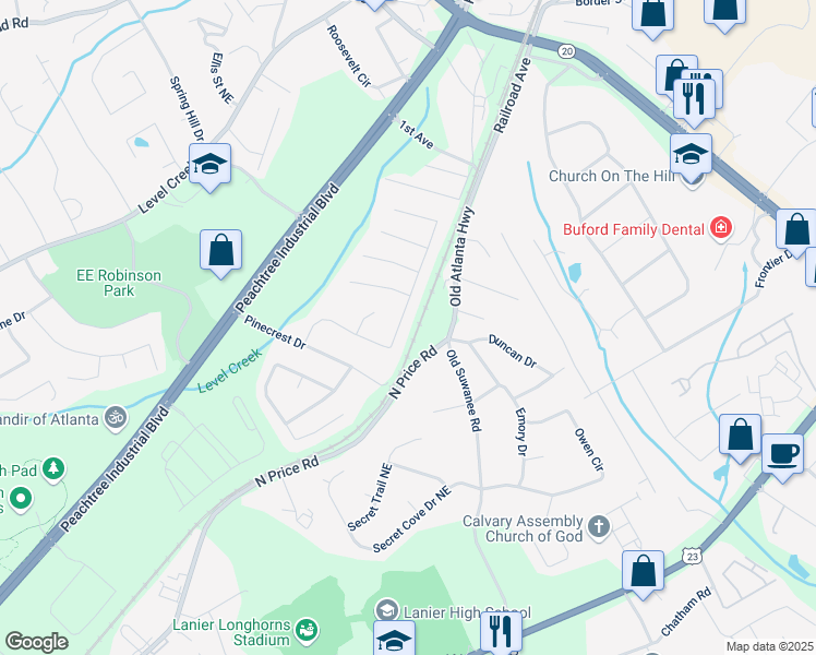 map of restaurants, bars, coffee shops, grocery stores, and more near 1171 Pine Acre Drive Northeast in Sugar Hill