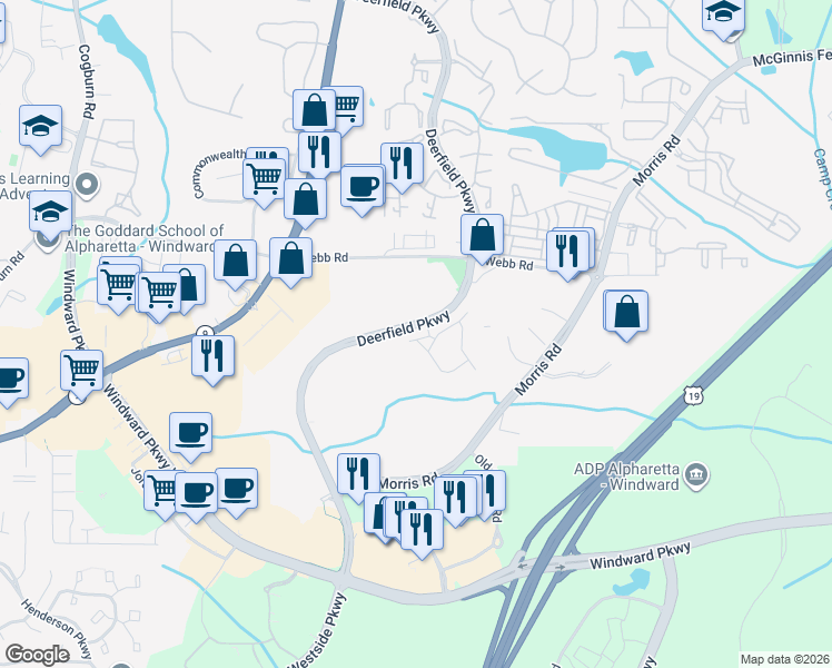 map of restaurants, bars, coffee shops, grocery stores, and more near 3164 Fawn Vista Lane in Alpharetta