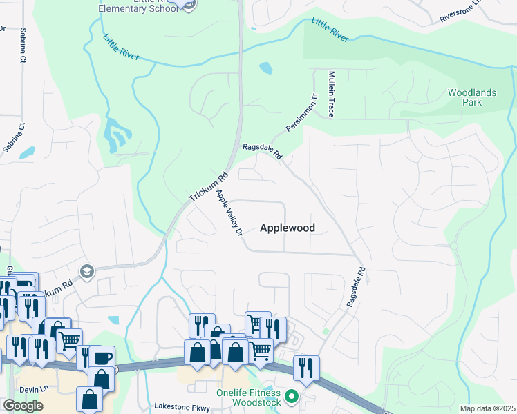 map of restaurants, bars, coffee shops, grocery stores, and more near 210 Apple Branch Drive in Woodstock